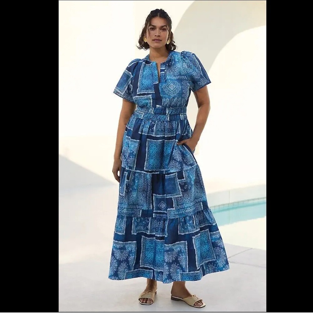 Anthro Maeve Somerset Maxi Dress XL‎ Blue Bandana Cotton Smocked Waist NWT